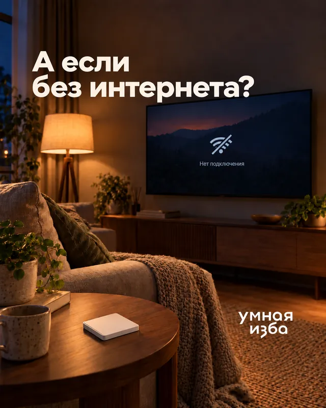 Гостиная с беспроводной кнопкой и телевизором без подключения к интернету; надпись «А если без интернета?»