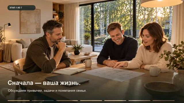 Кадр концептуального ролика: инженер и семья обсуждают привычки и пожелания к умному дому