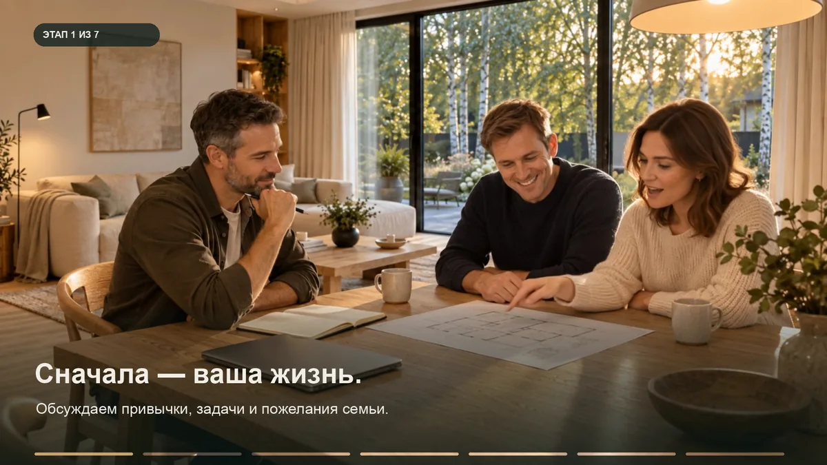 Кадр концептуального ролика: инженер и семья обсуждают привычки и пожелания к умному дому
