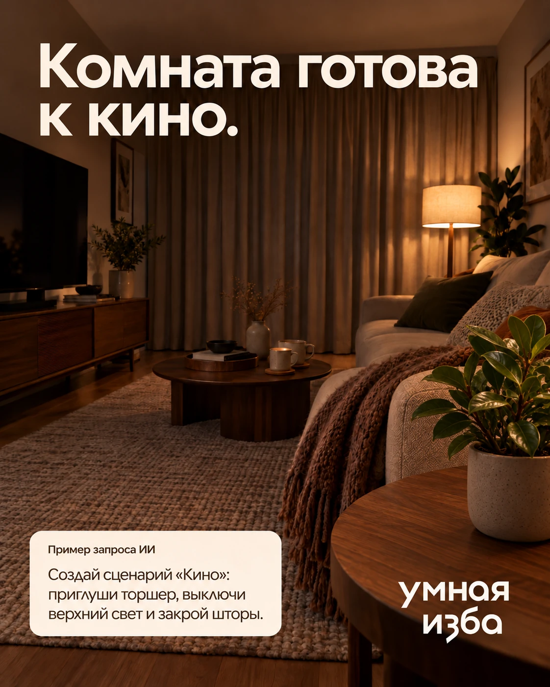 Гостиная с закрытыми шторами и мягким светом торшера. На переднем плане комнатное растение; заголовок «Комната готова к кино» и пример запроса ИИ.