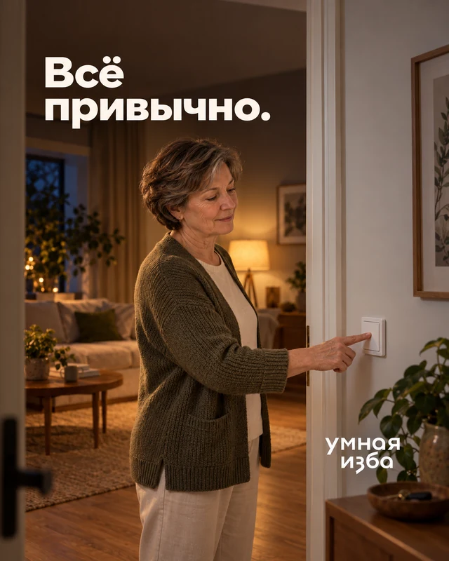 Женщина включает свет привычной настенной клавишей; надпись «Всё привычно.»