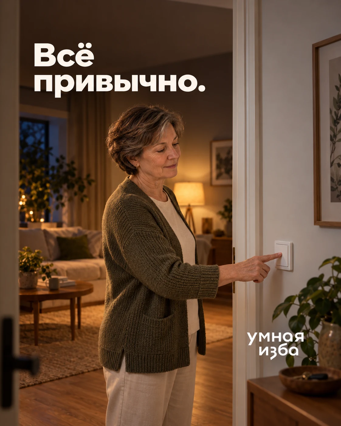 Женщина включает свет привычной настенной клавишей; надпись «Всё привычно.»