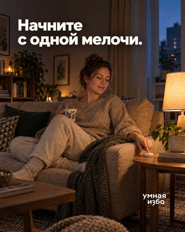 Человек на диване управляет вечерним светом одной кнопкой; надпись «Начните с одной мелочи»