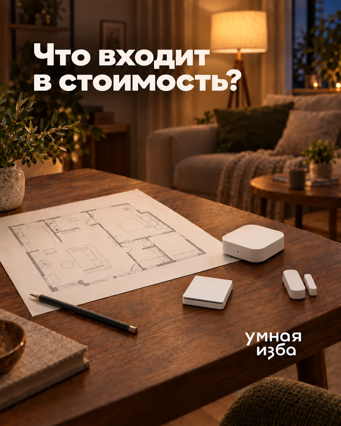 На деревянном столе план жилья, беспроводная кнопка, центр управления и датчик открытия; надпись «Что входит в стоимость?»
