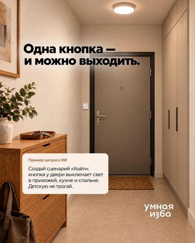 Прихожая с беспроводной кнопкой у входной двери. Надпись «Одна кнопка — и можно выходить» и пример запроса ИИ для сценария «Ушёл».