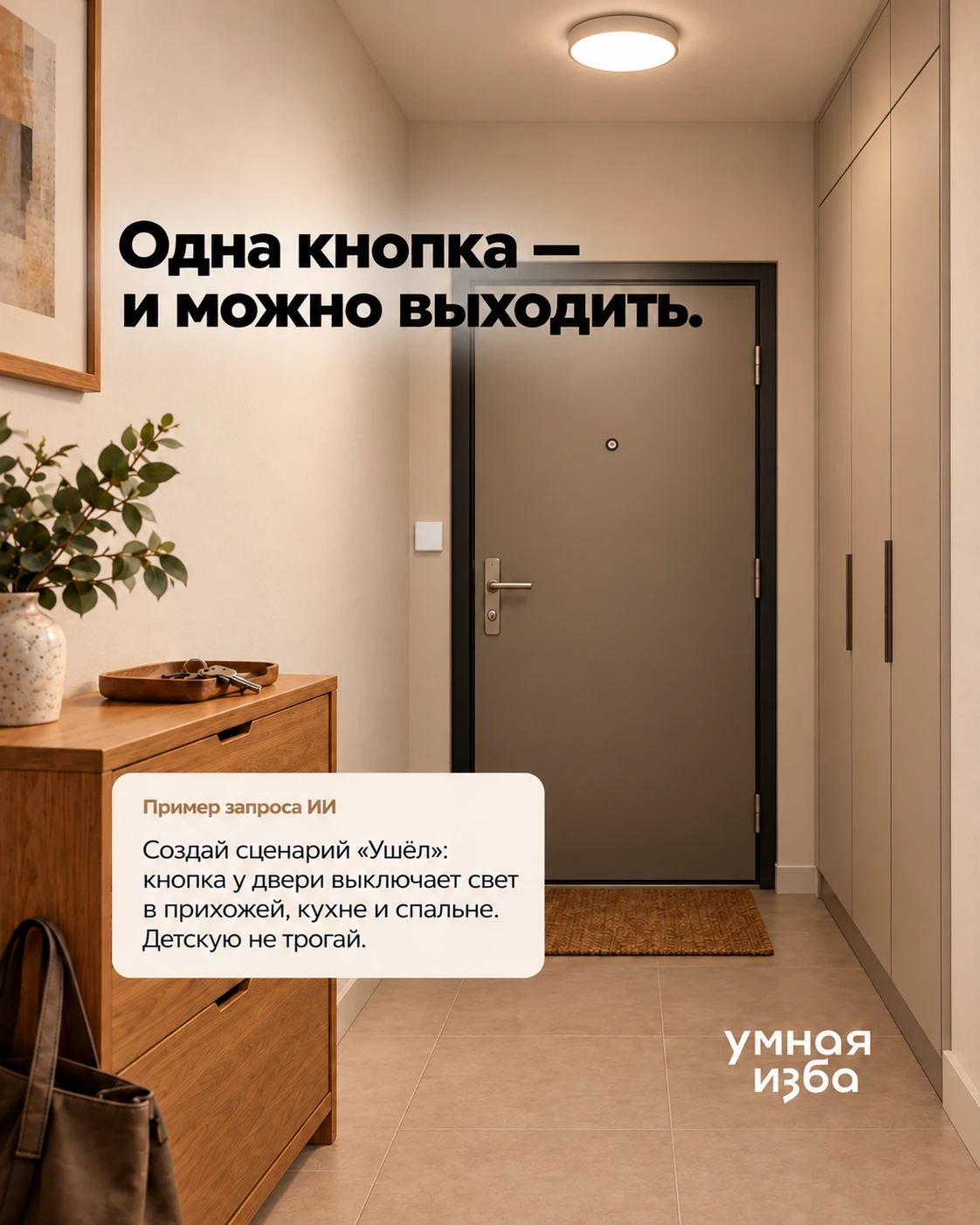 Прихожая с беспроводной кнопкой у входной двери. Надпись «Одна кнопка — и можно выходить» и пример запроса ИИ для сценария «Ушёл».