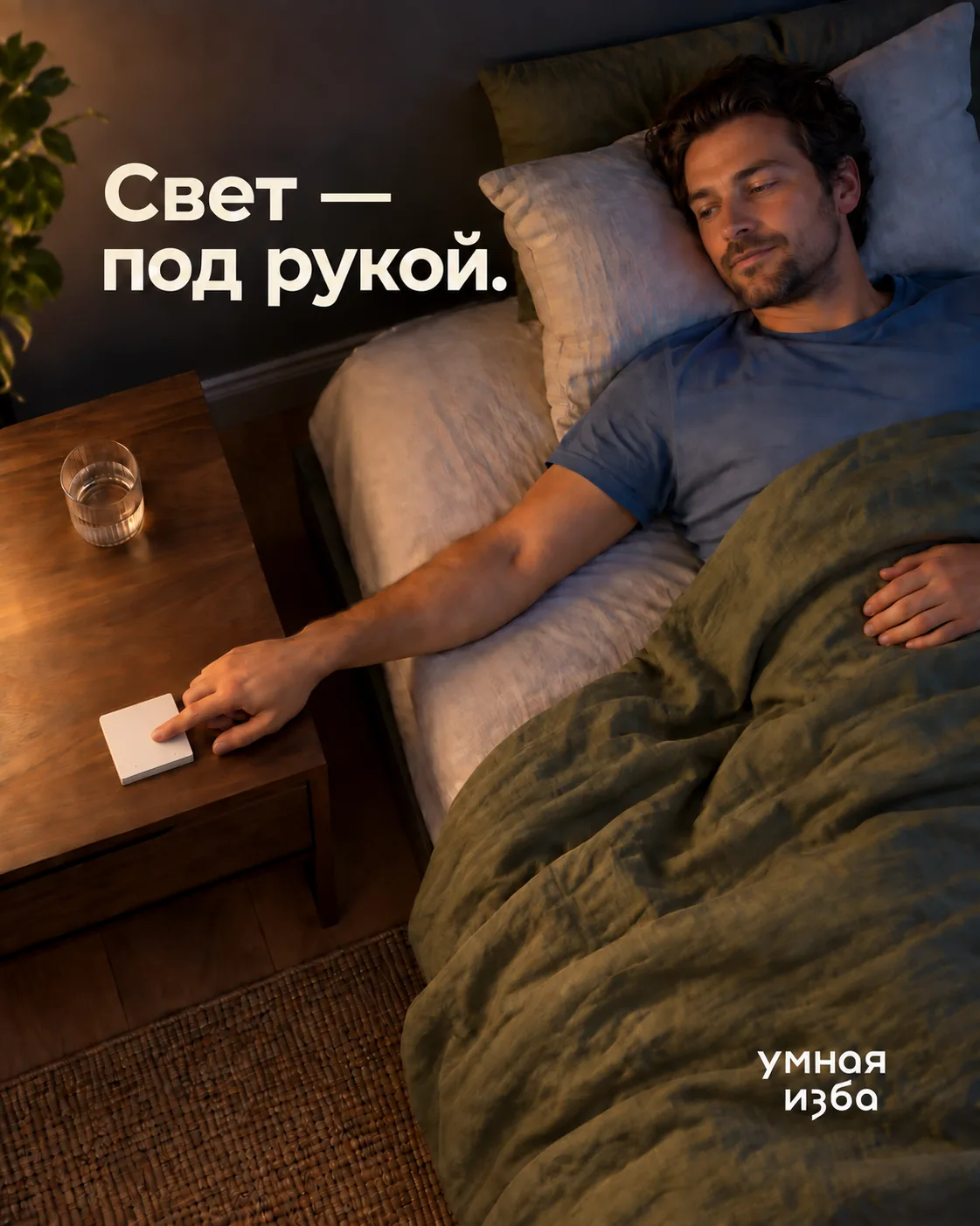 Человек в постели нажимает беспроводную кнопку на прикроватной тумбе; надпись «Свет — под рукой»