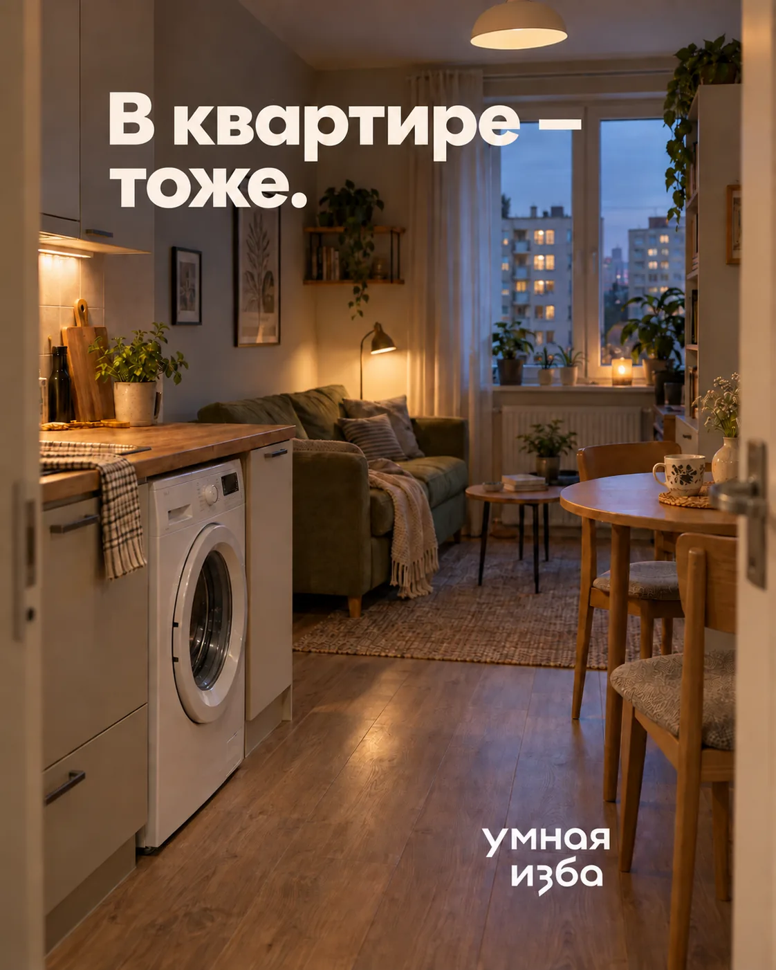 Квартира с кухней, стиральной машиной и гостиной; надпись «В квартире — тоже»