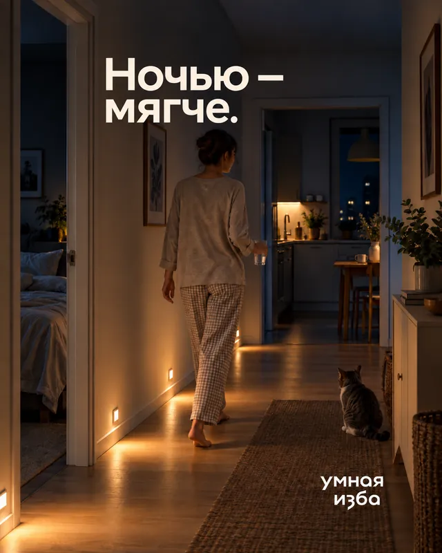 Человек идёт по коридору с мягкой ночной подсветкой; надпись «Ночью — мягче»